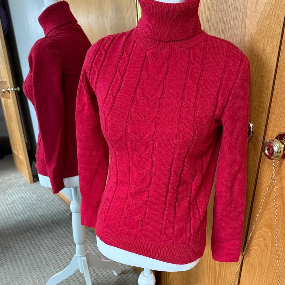 Red Cable Knit Turtleneck Sweater
